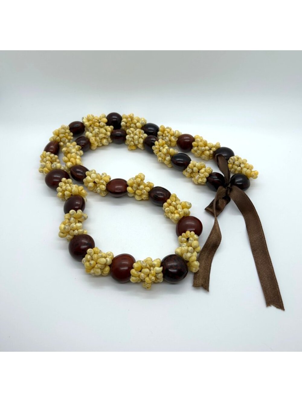 Hawaiian Lei Kukui Nut & Mongo Shell Necklace With Ribbon Tropical For Protectio